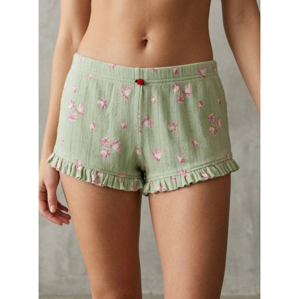 Out From Under Strawberry Pointelle Ruffle Hem Pajama Lounge Shorts Green Small